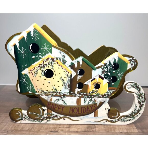 Decorative Wooden Sleigh Centerpiece With Painted Birdhouse Design - Picture 1 of 5